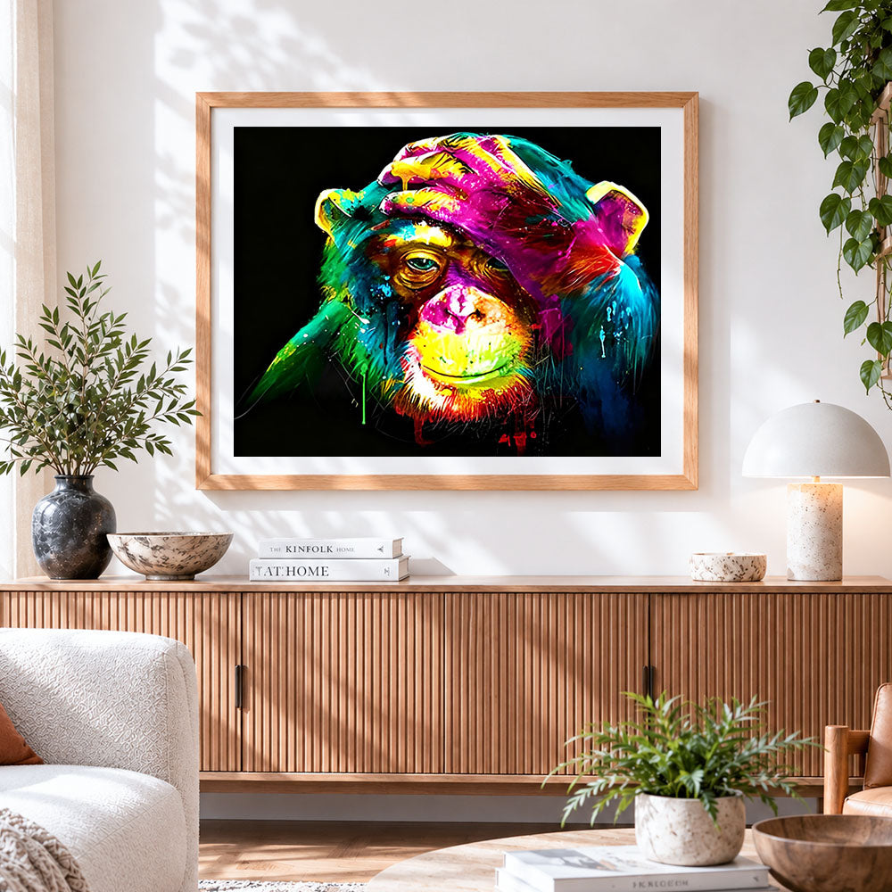 Finished vibrant chimpanzee splatter cross stitch artwork displayed