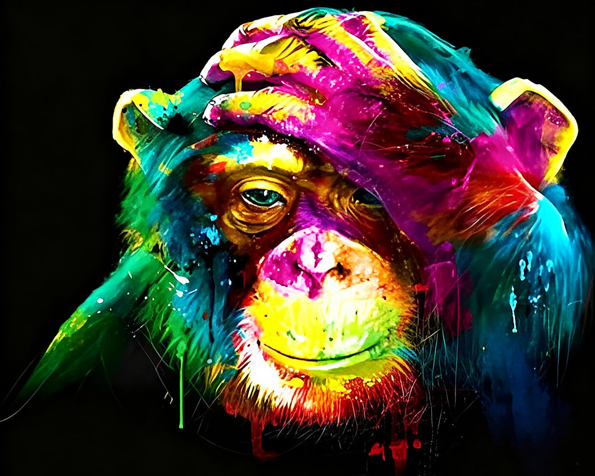 Vibrant chimpanzee splatter cross stitch kit for beginners