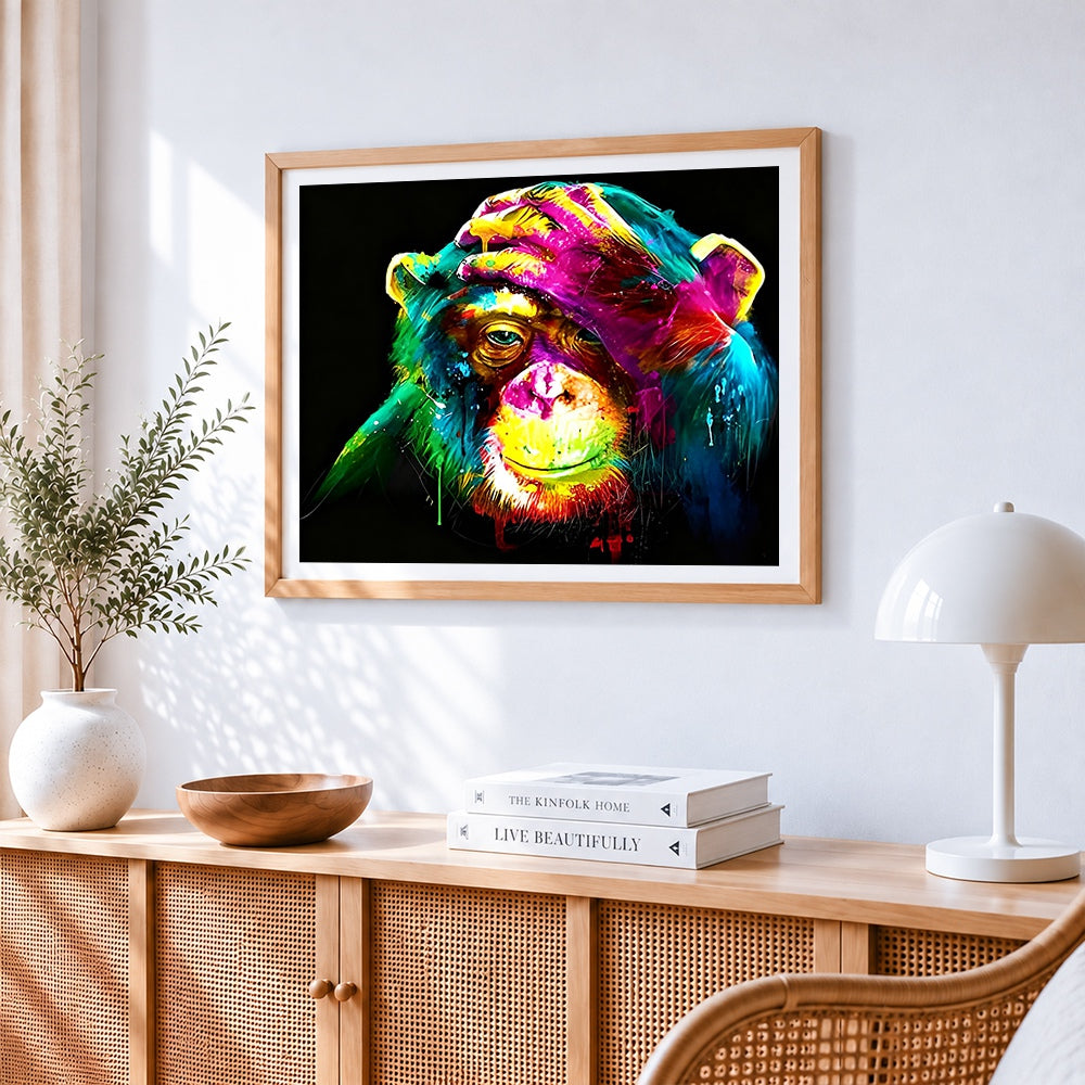 Vibrant chimpanzee splatter cross stitch artwork displayed on wall as home decor