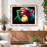 Finished vibrant chimpanzee splatter paint by numbers artwork displayed as home decor
