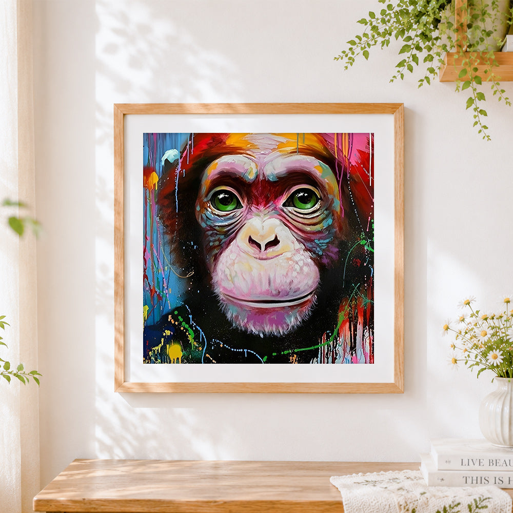 Finished vibrant chimpanzee with green eyes paint by numbers artwork displayed as home decor