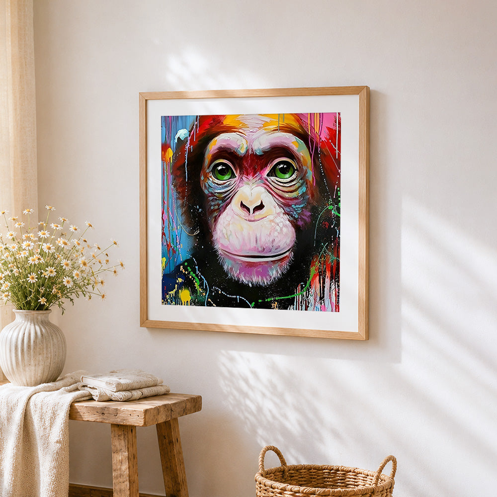 Vibrant chimpanzee with green eyes paint by numbers artwork displayed on wall as home decor