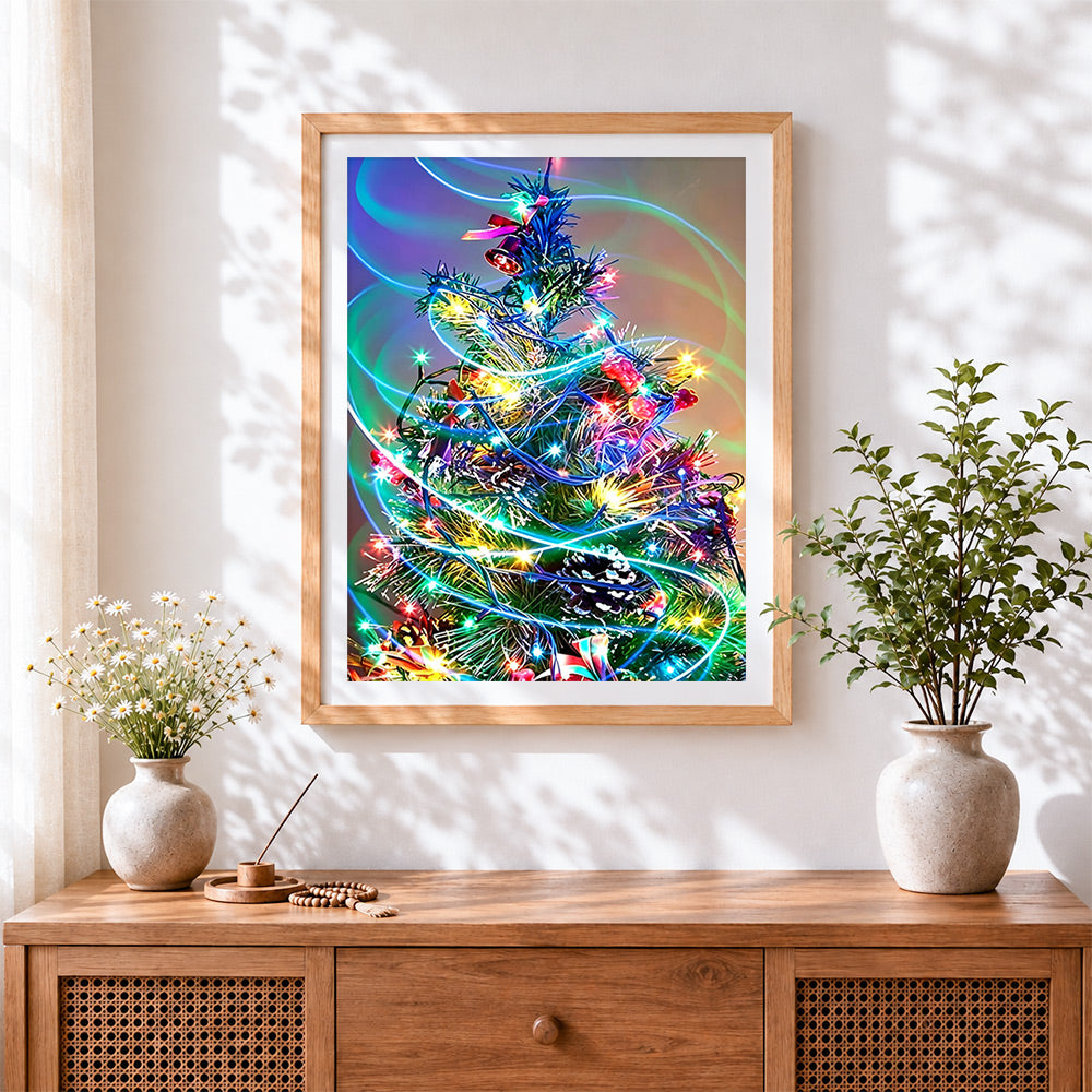 Finished vibrant christmas tree with fairy lights cross stitch artwork displayed