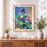 Finished vibrant christmas tree with fairy lights cross stitch artwork displayed