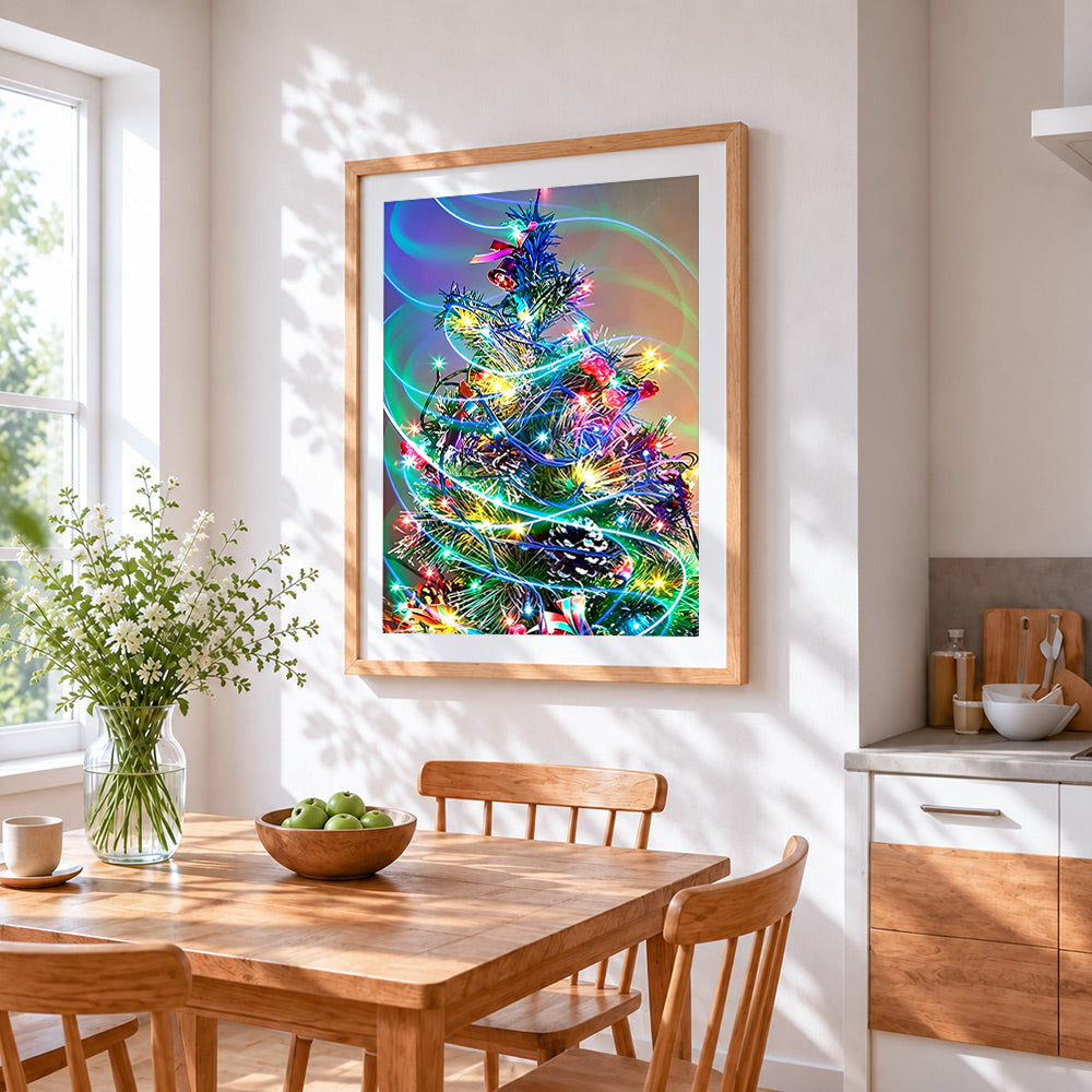 Vibrant christmas tree with fairy lights cross stitch artwork displayed on wall as home decor