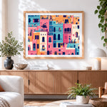 Finished vibrant city apartments paint by numbers artwork displayed as home decor