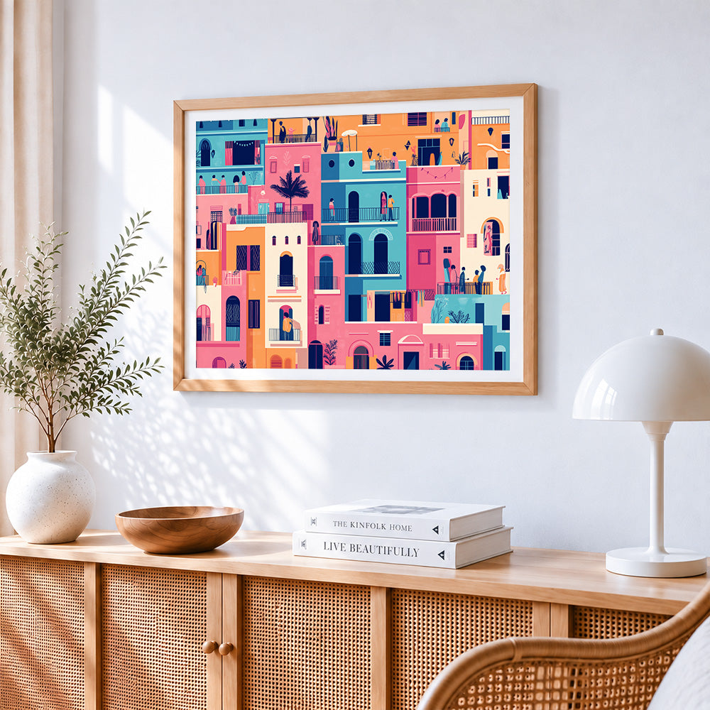 Vibrant city apartments paint by numbers artwork displayed on wall as home decor