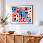 Vibrant city apartments paint by numbers artwork displayed on wall as home decor