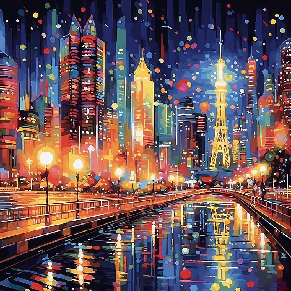 Vibrant city lights cross stitch kit for beginners