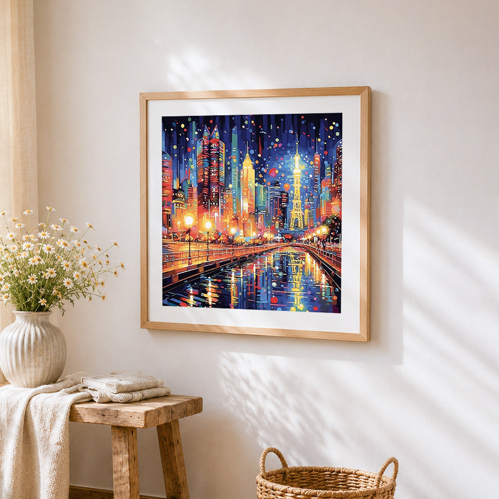 Vibrant city lights cross stitch artwork displayed on wall as home decor