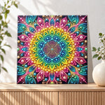 Finished vibrant colour mandala art pearl diamond painting artwork displayed as holiday home decor