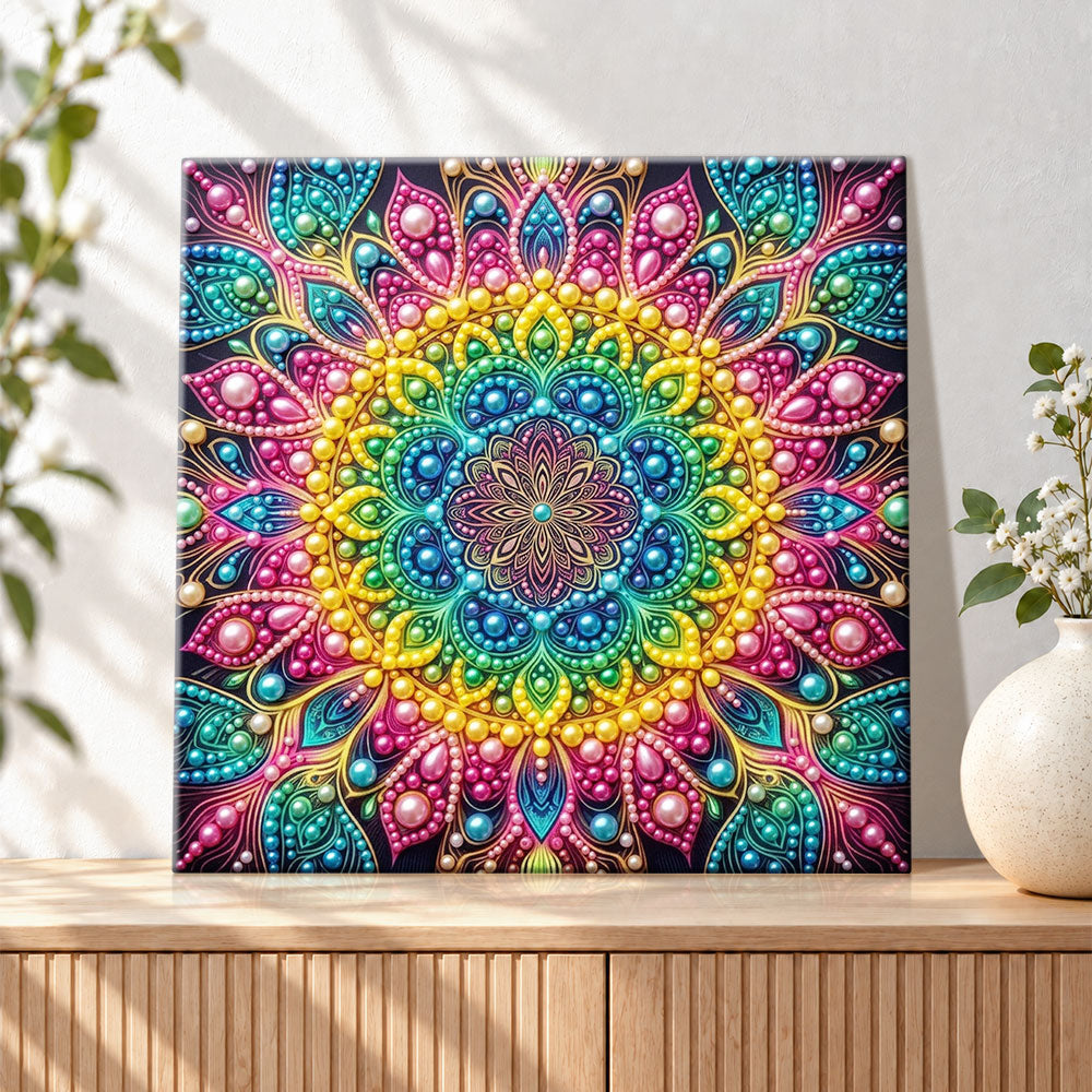 Finished vibrant colour mandala art pearl diamond painting artwork displayed as holiday home decor