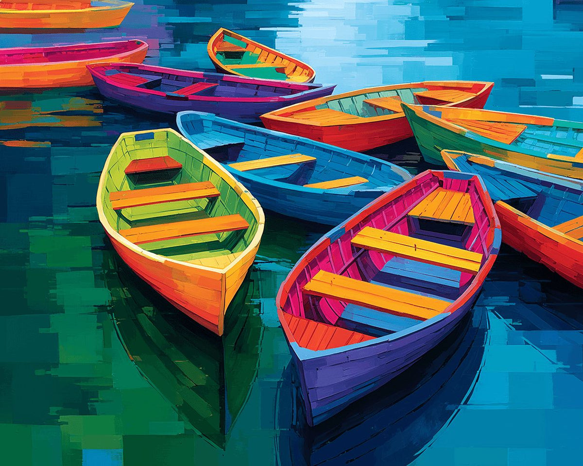 Vibrant colourful boats cross stitch kit for beginners