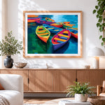 Finished vibrant colourful boats paint by numbers artwork displayed as home decor