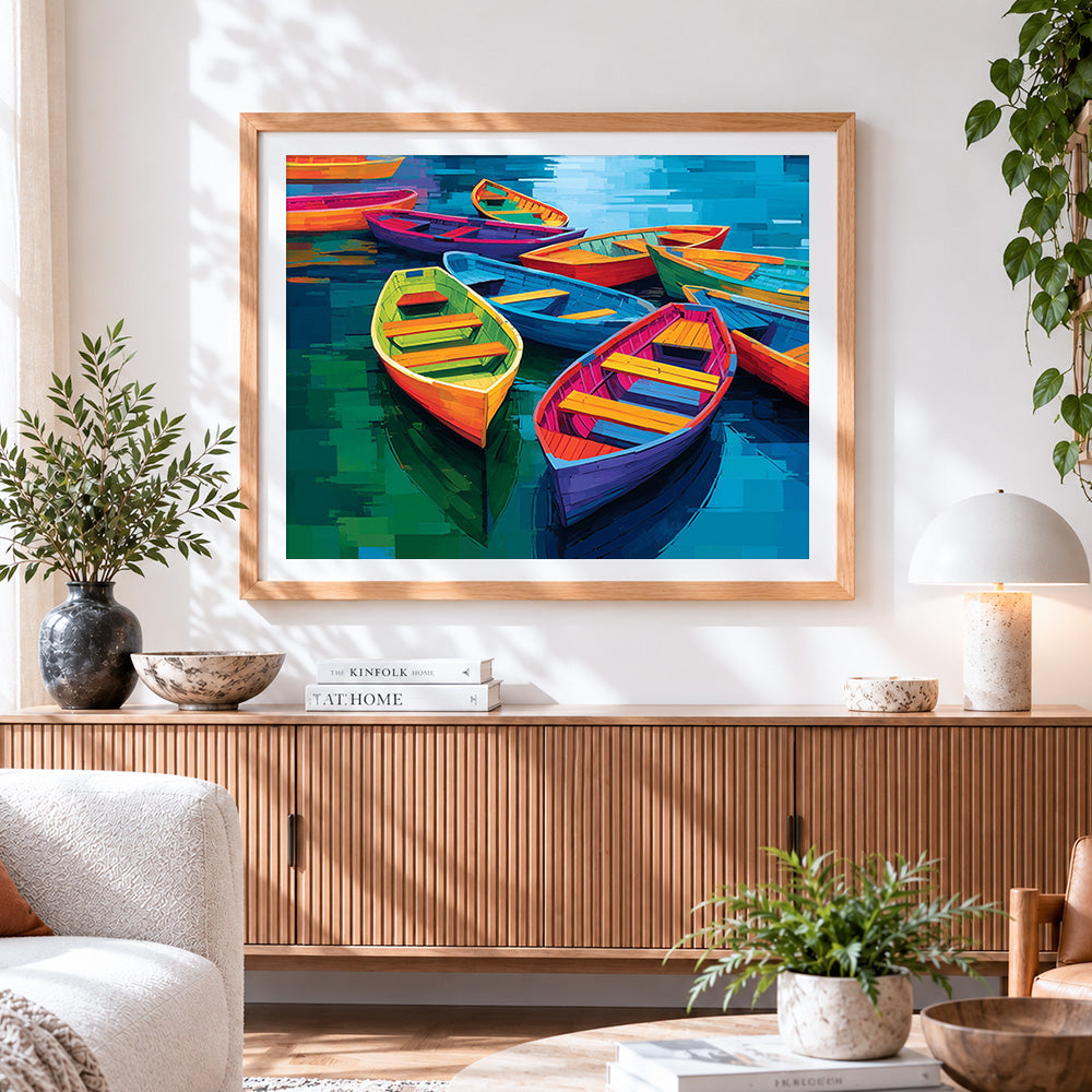 Finished vibrant colourful boats paint by numbers artwork displayed as home decor