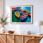 Vibrant colourful boats paint by numbers artwork displayed on wall as home decor