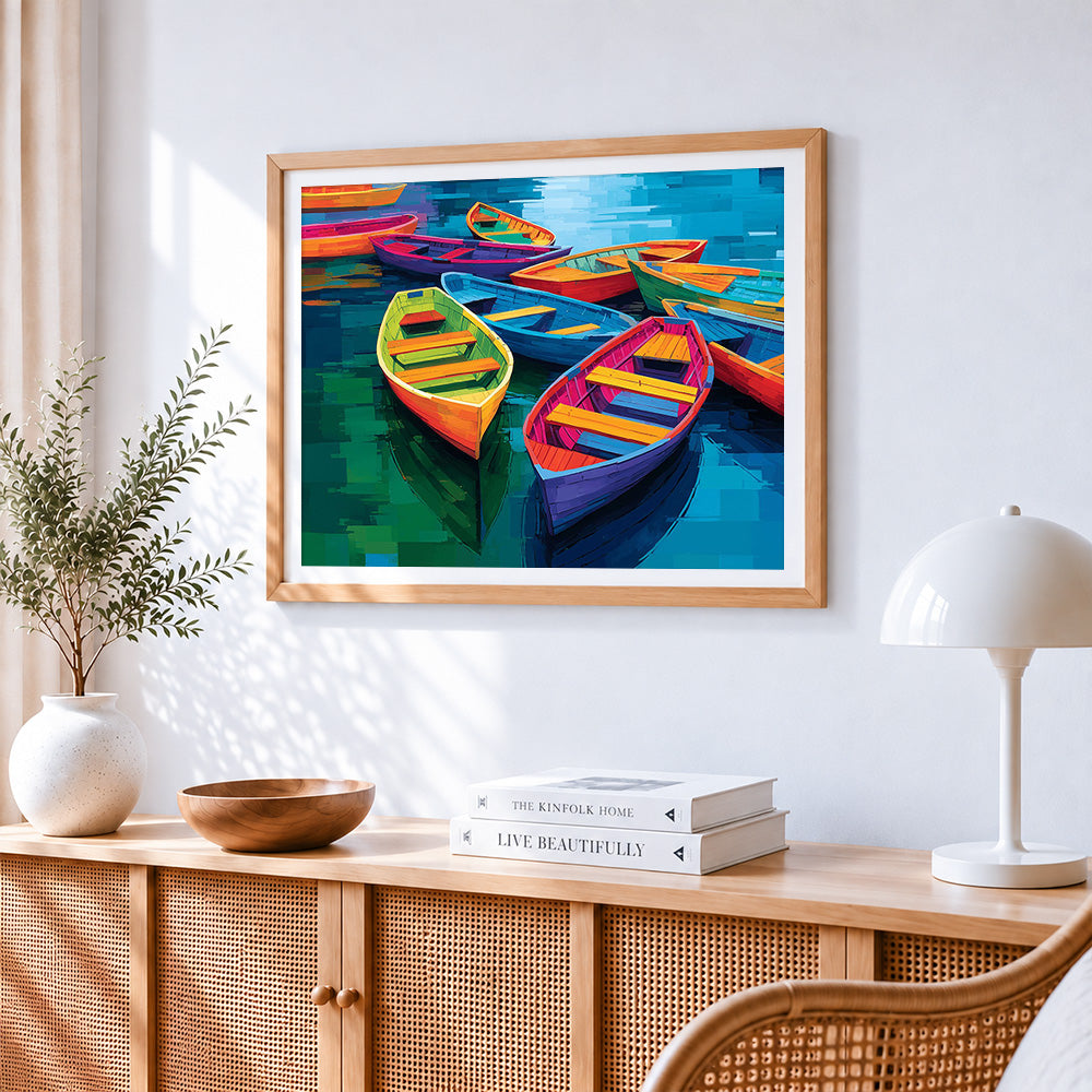 Vibrant colourful boats paint by numbers artwork displayed on wall as home decor