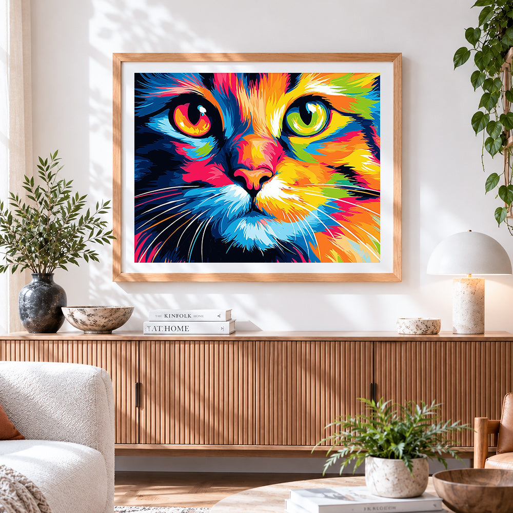 Finished vibrant colourful cat face cross stitch artwork displayed