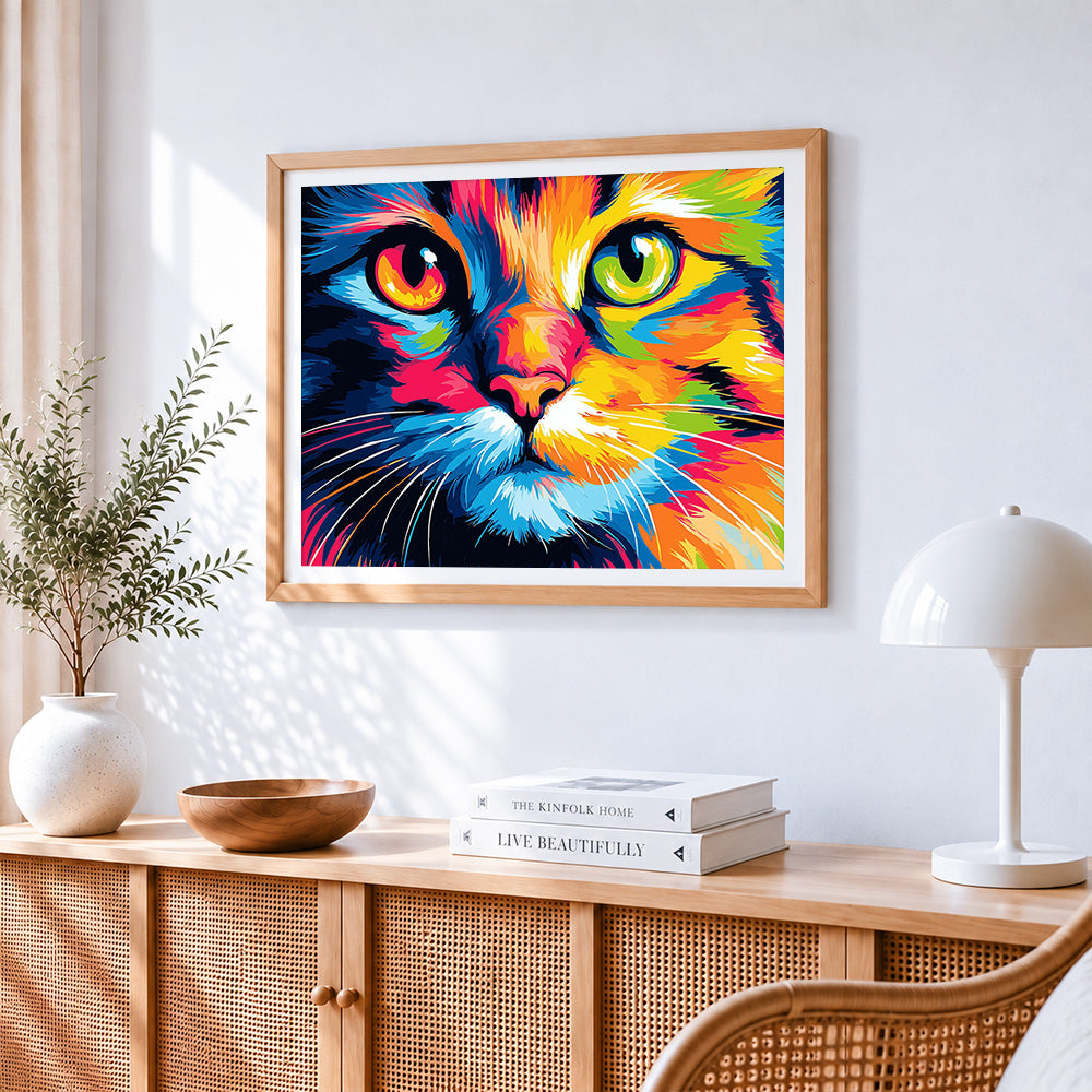 Vibrant colourful cat face cross stitch artwork displayed on wall as home decor