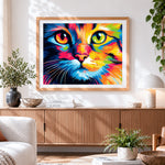 Finished vibrant colourful cat face paint by numbers artwork displayed as home decor