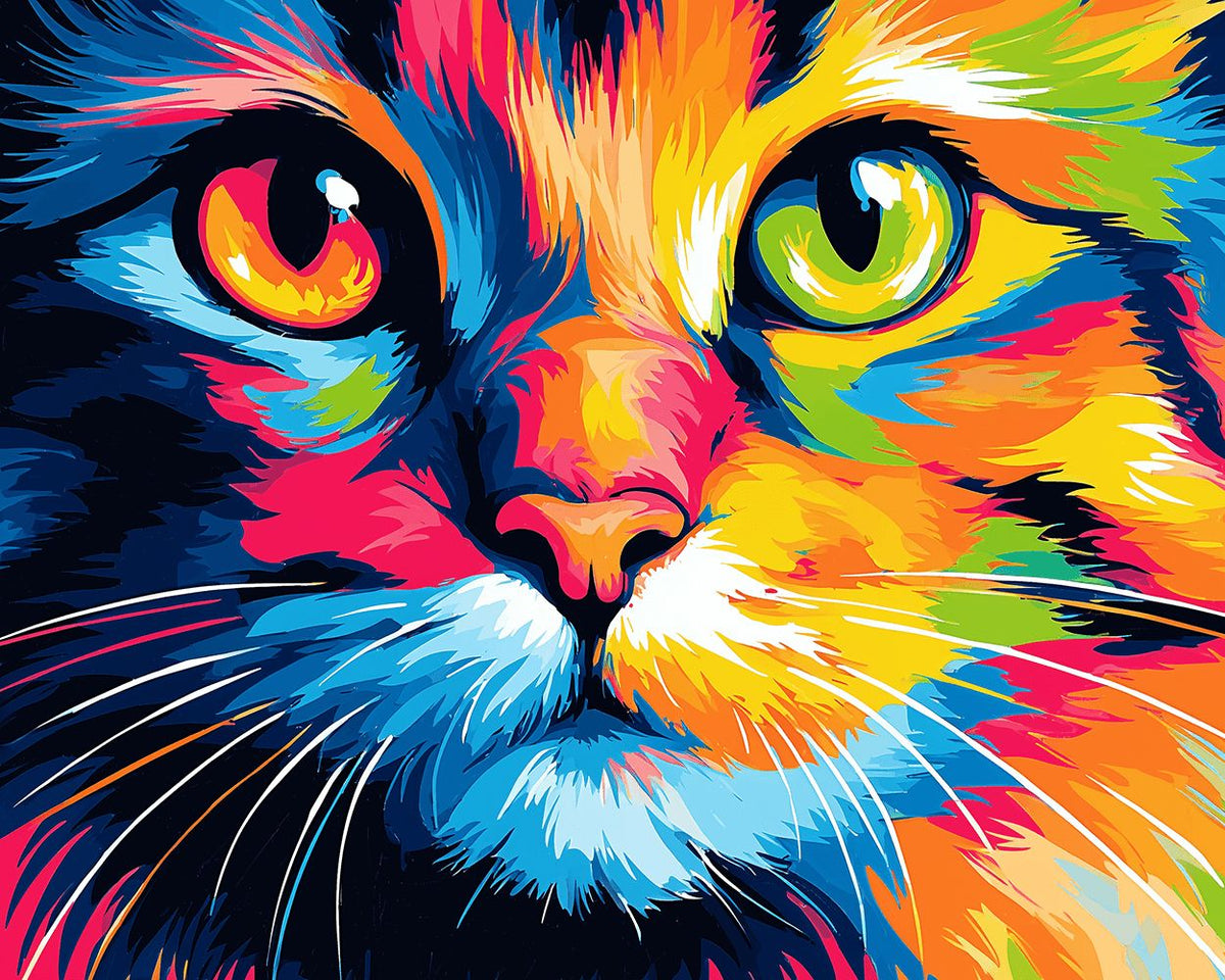 Vibrant colourful cat face paint by numbers kit for beginners