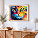 Vibrant colourful cat face paint by numbers artwork displayed on wall as home decor