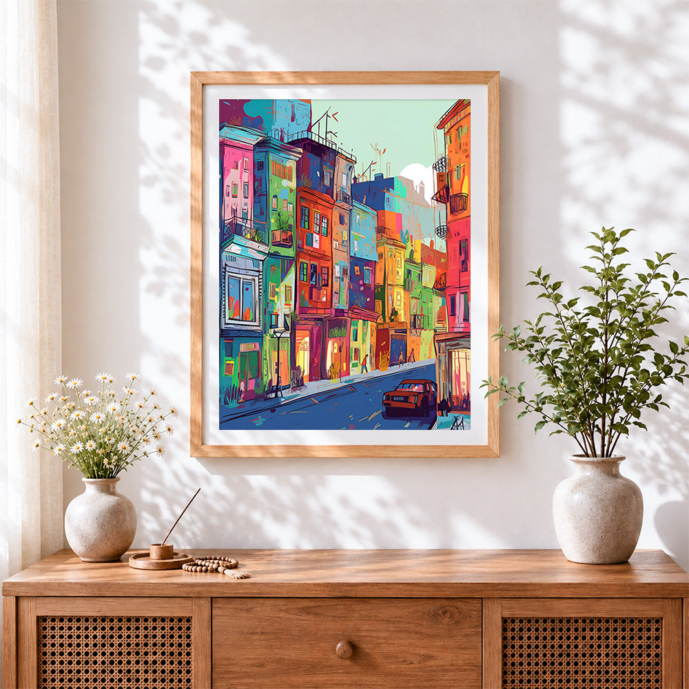 Finished vibrant colourful city street cross stitch artwork displayed