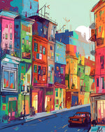 Vibrant colourful city street cross stitch kit for beginners