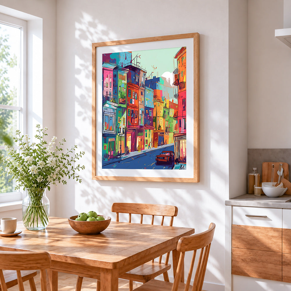 Vibrant colourful city street cross stitch artwork displayed on wall as home decor