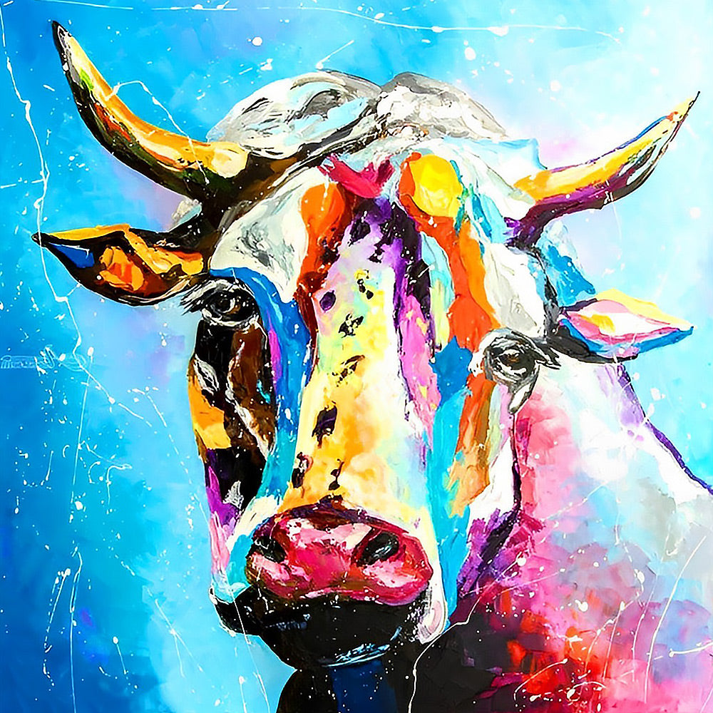 Vibrant colourful cow portrait cross stitch kit for beginners