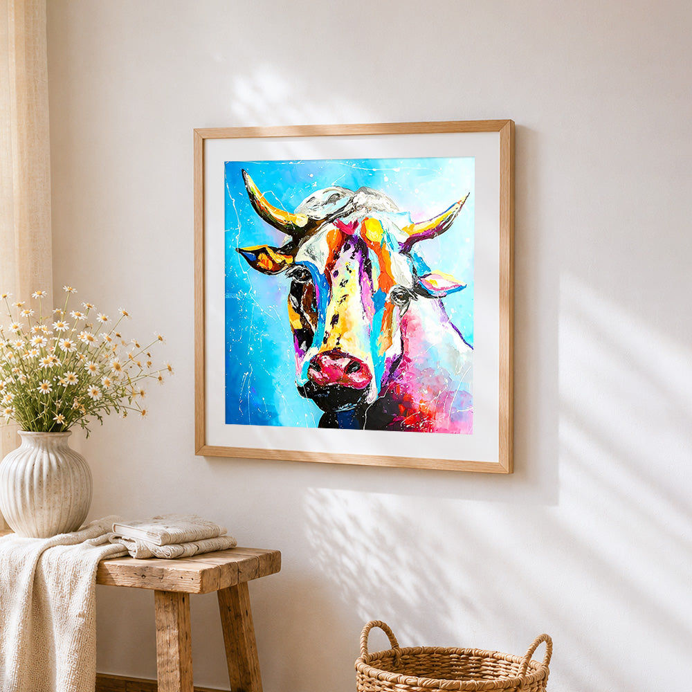 Vibrant colourful cow portrait cross stitch artwork displayed on wall as home decor