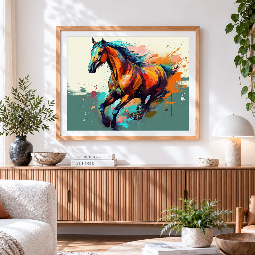 Finished vibrant colourful horse running paint by numbers artwork displayed as home decor