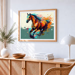 Vibrant colourful horse running paint by numbers artwork displayed on wall as home decor