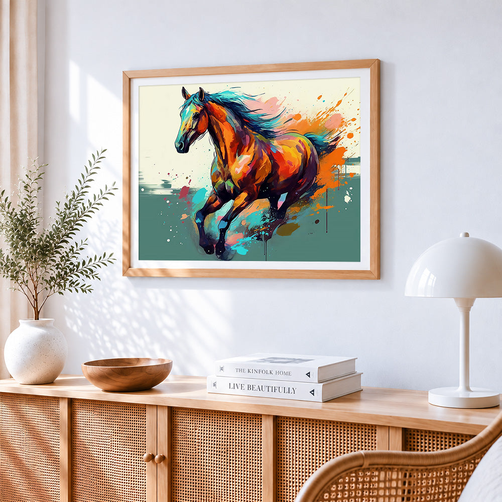 Vibrant colourful horse running paint by numbers artwork displayed on wall as home decor