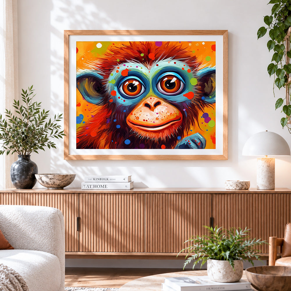 Finished vibrant colourful monkey portrait cross stitch artwork displayed