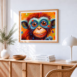 Vibrant colourful monkey portrait paint by numbers artwork displayed on wall as home decor