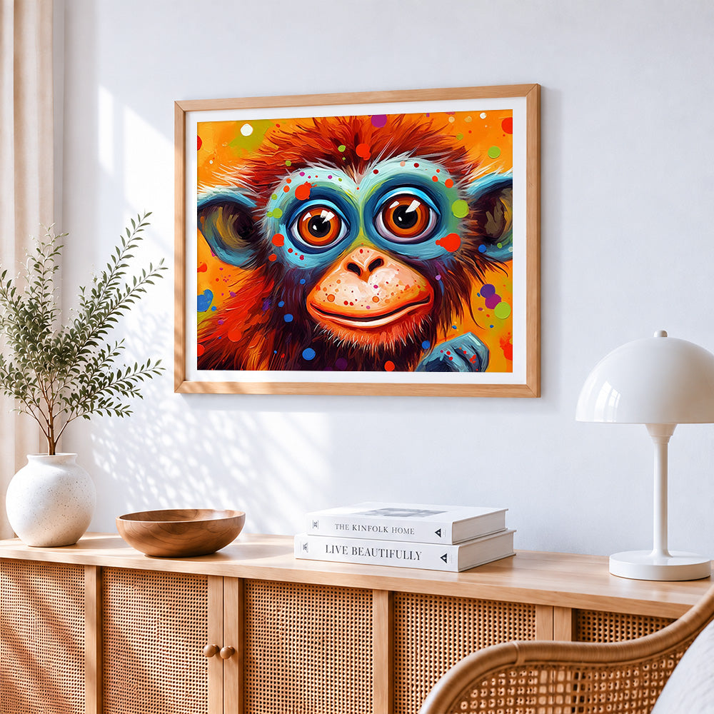 Vibrant colourful monkey portrait paint by numbers artwork displayed on wall as home decor