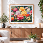 Finished vibrant colourful peony garden paint by numbers artwork displayed as home decor
