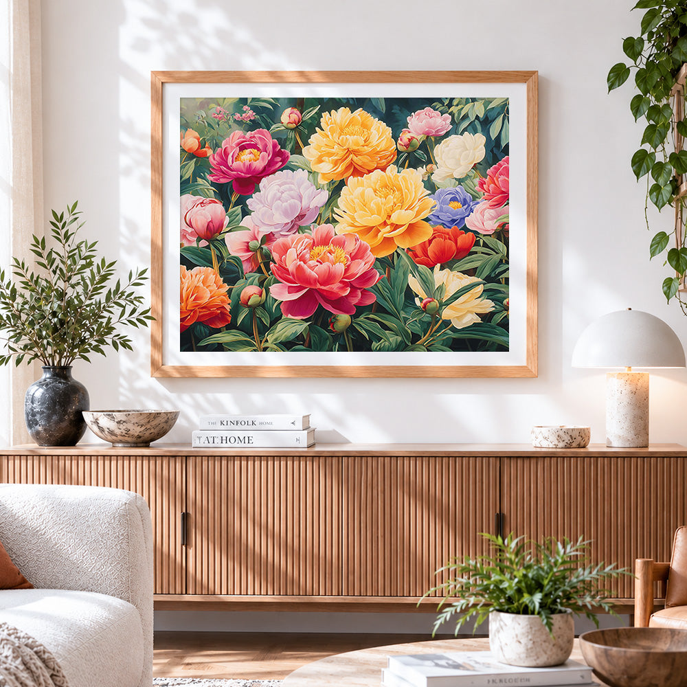 Finished vibrant colourful peony garden paint by numbers artwork displayed as home decor