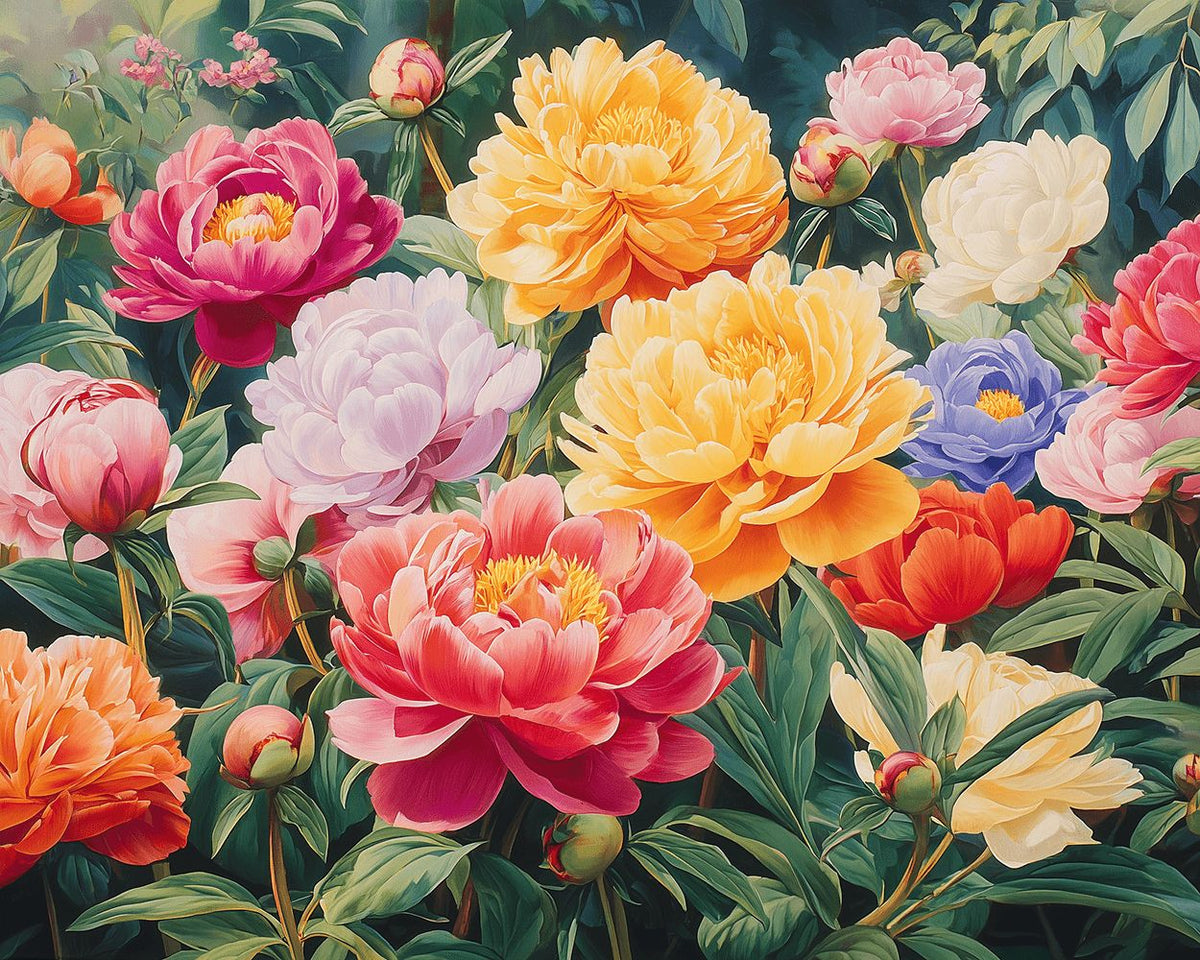 Vibrant colourful peony garden paint by numbers kit for beginners