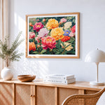 Vibrant colourful peony garden paint by numbers artwork displayed on wall as home decor