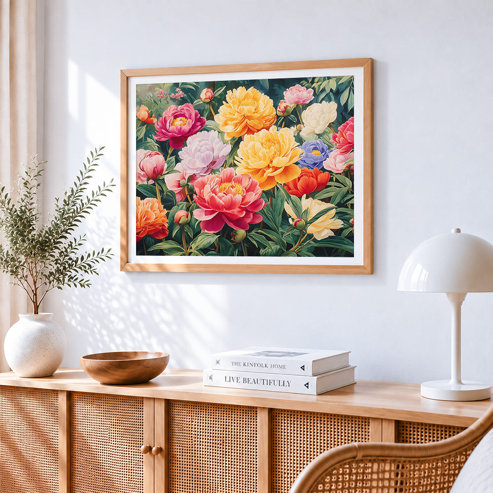 Vibrant colourful peony garden paint by numbers artwork displayed on wall as home decor