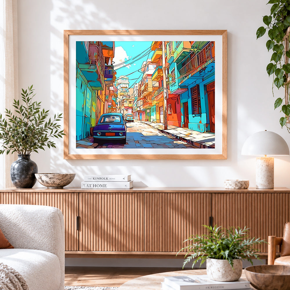 Finished vibrant cuban street scene cross stitch artwork displayed