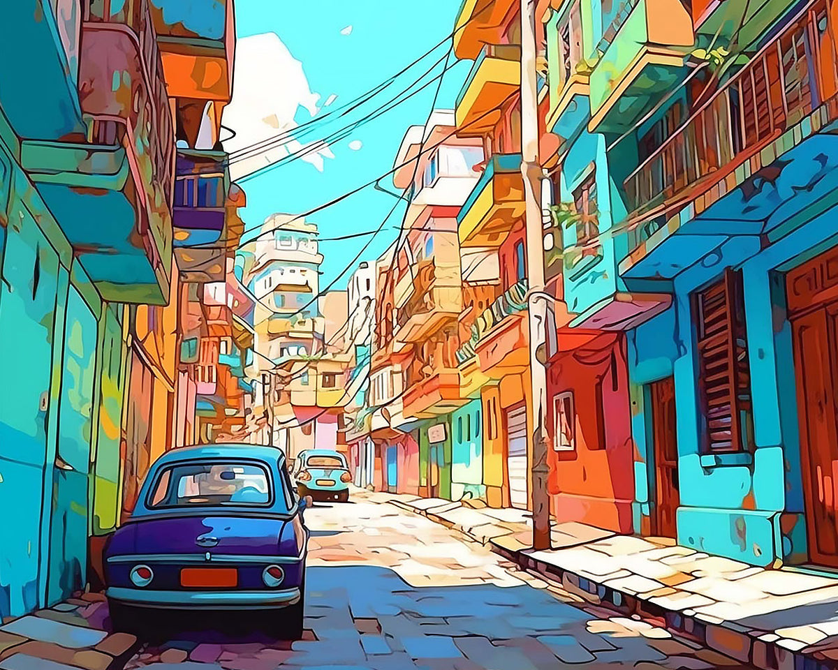Vibrant cuban street scene cross stitch kit for beginners