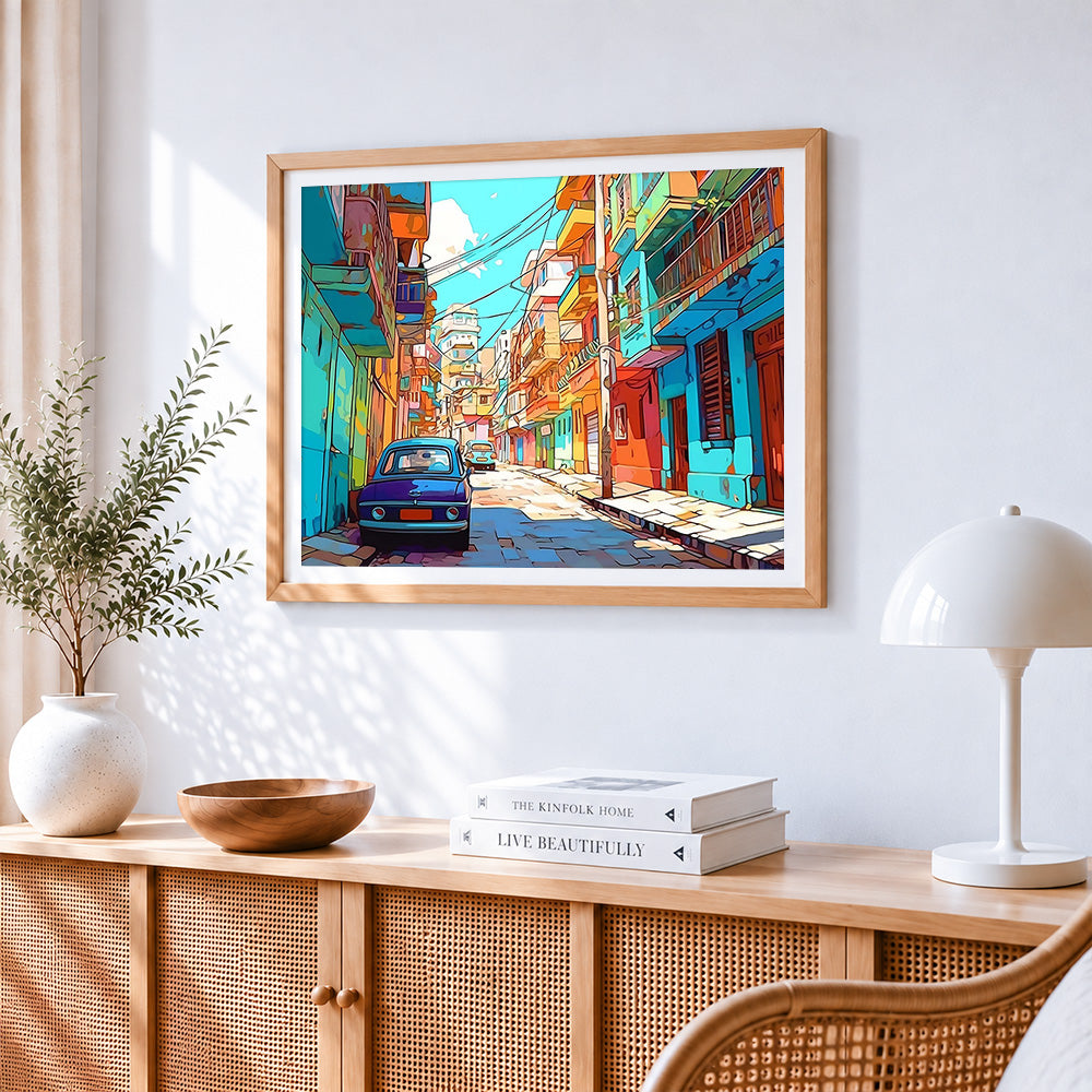 Vibrant cuban street scene cross stitch artwork displayed on wall as home decor