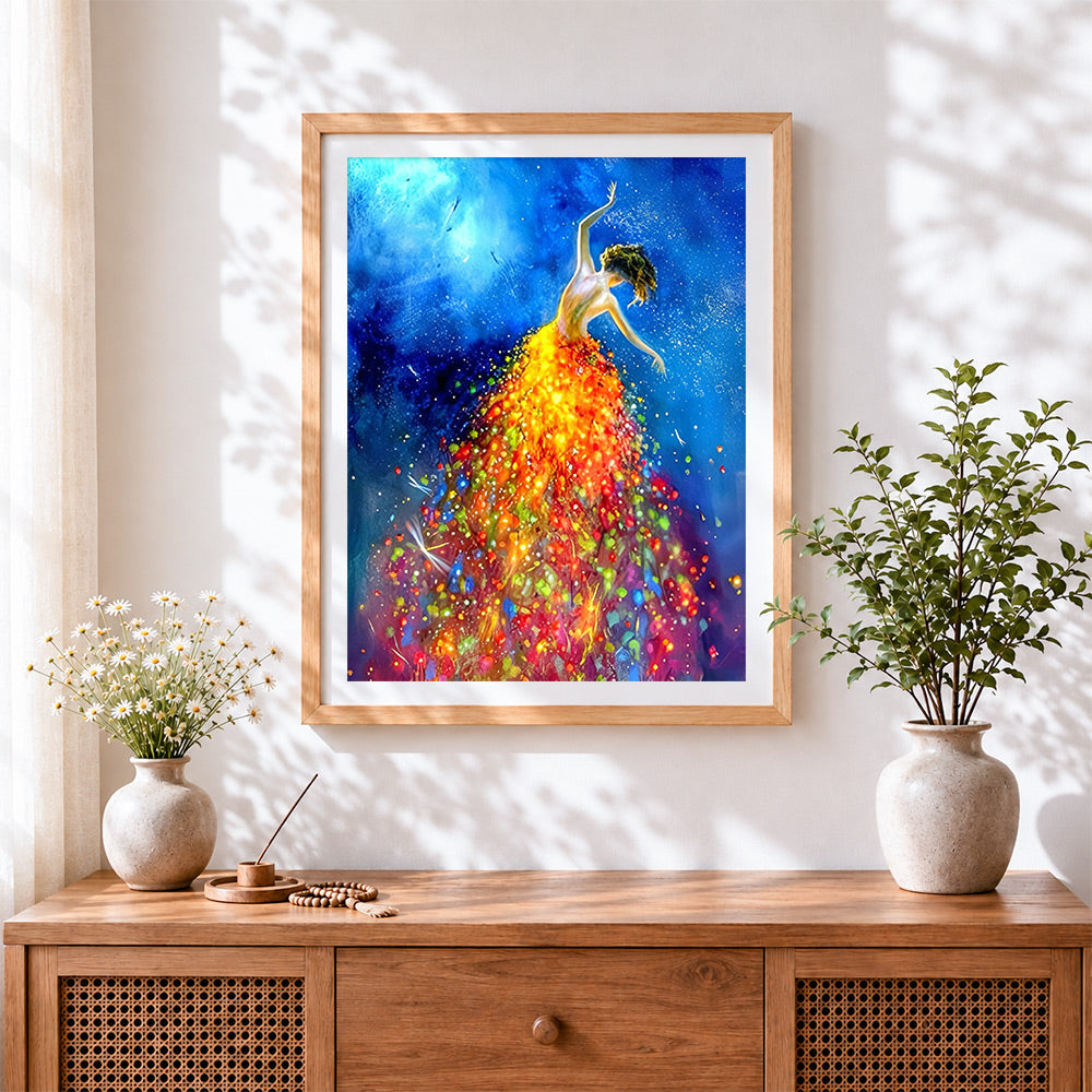 Finished vibrant dancer in starry night cross stitch artwork displayed