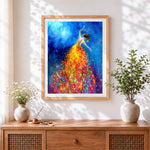Finished vibrant dancer in starry night cross stitch artwork displayed