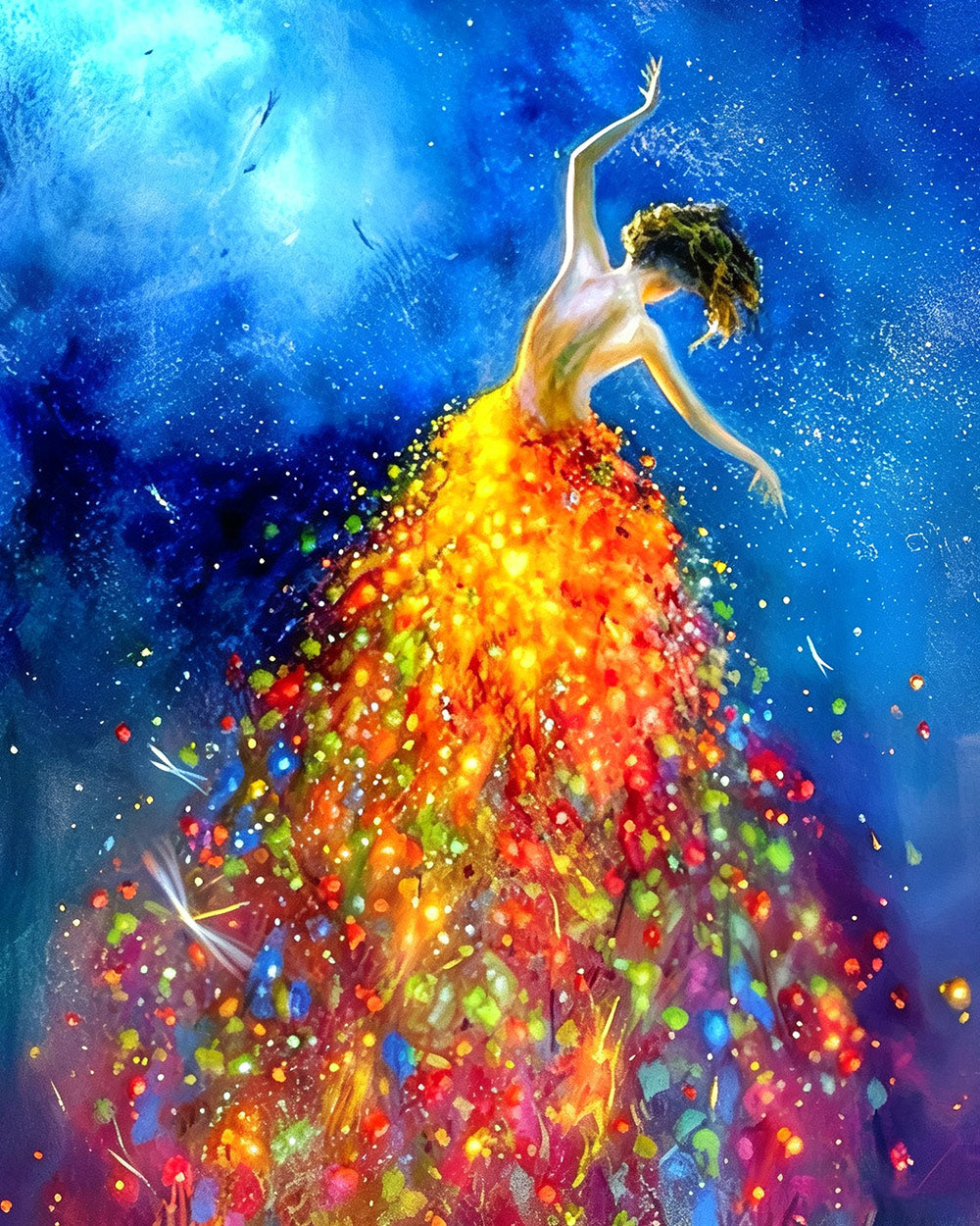 Vibrant dancer in starry night cross stitch kit for beginners