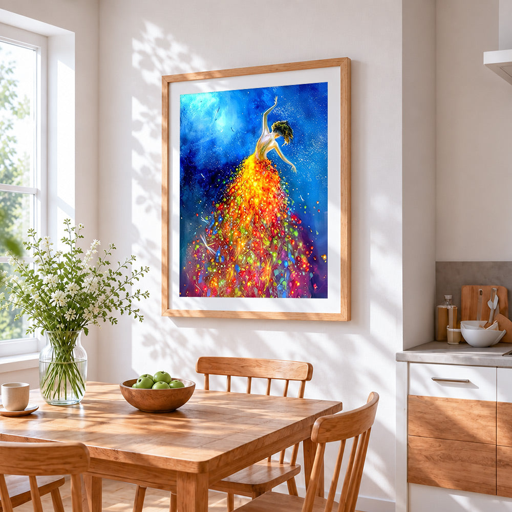 Vibrant dancer in starry night cross stitch artwork displayed on wall as home decor