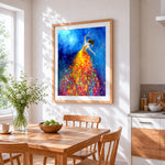 Vibrant dancer in starry night cross stitch artwork displayed on wall as home decor